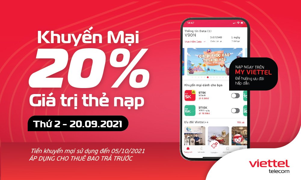 Ngày 20/09/2021, Viettel khuyến mại 20% giá trị tất cả thẻ nạp